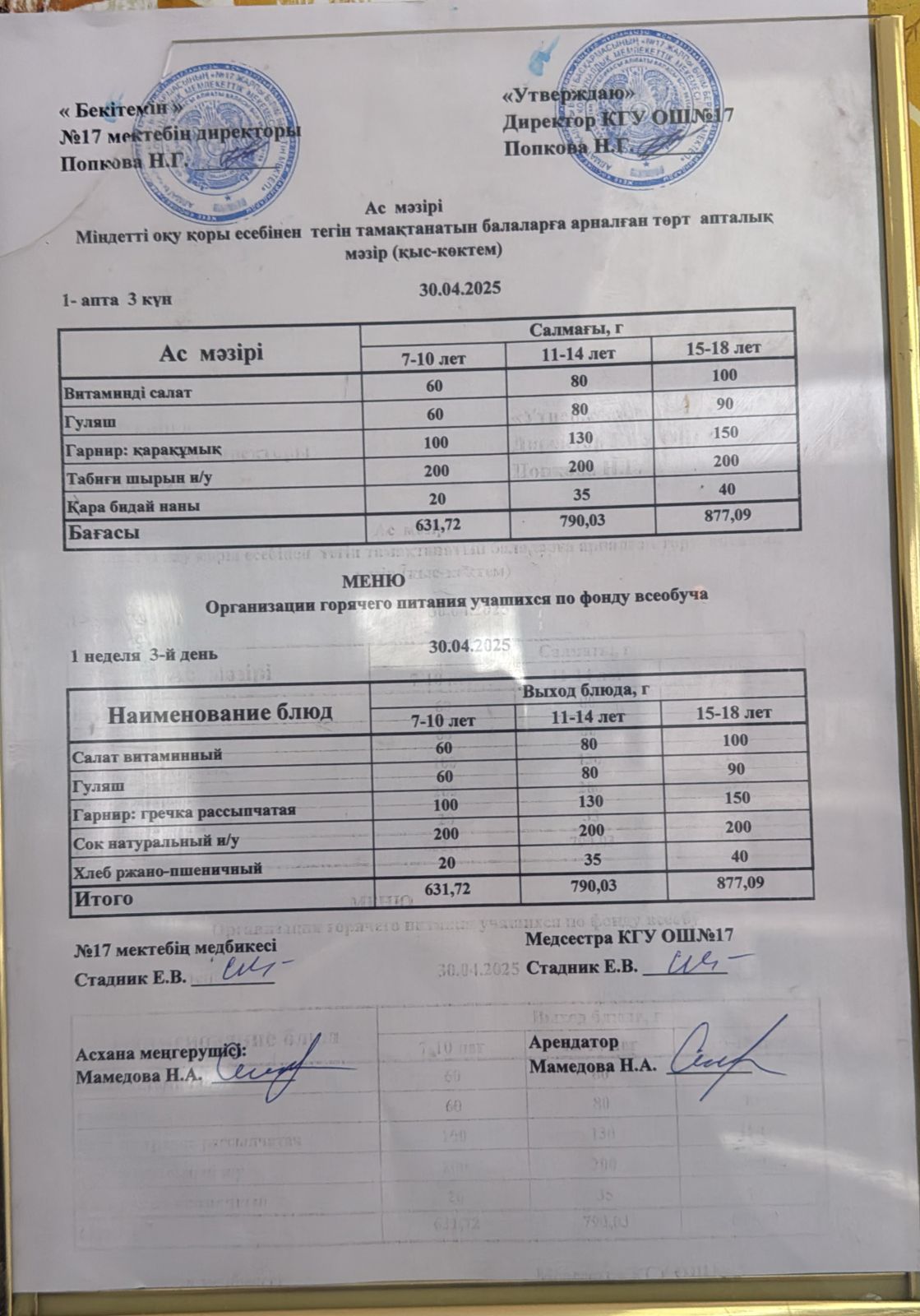 Ас мәзірі 30.04.2025ж. Меню 30.04.2025г.