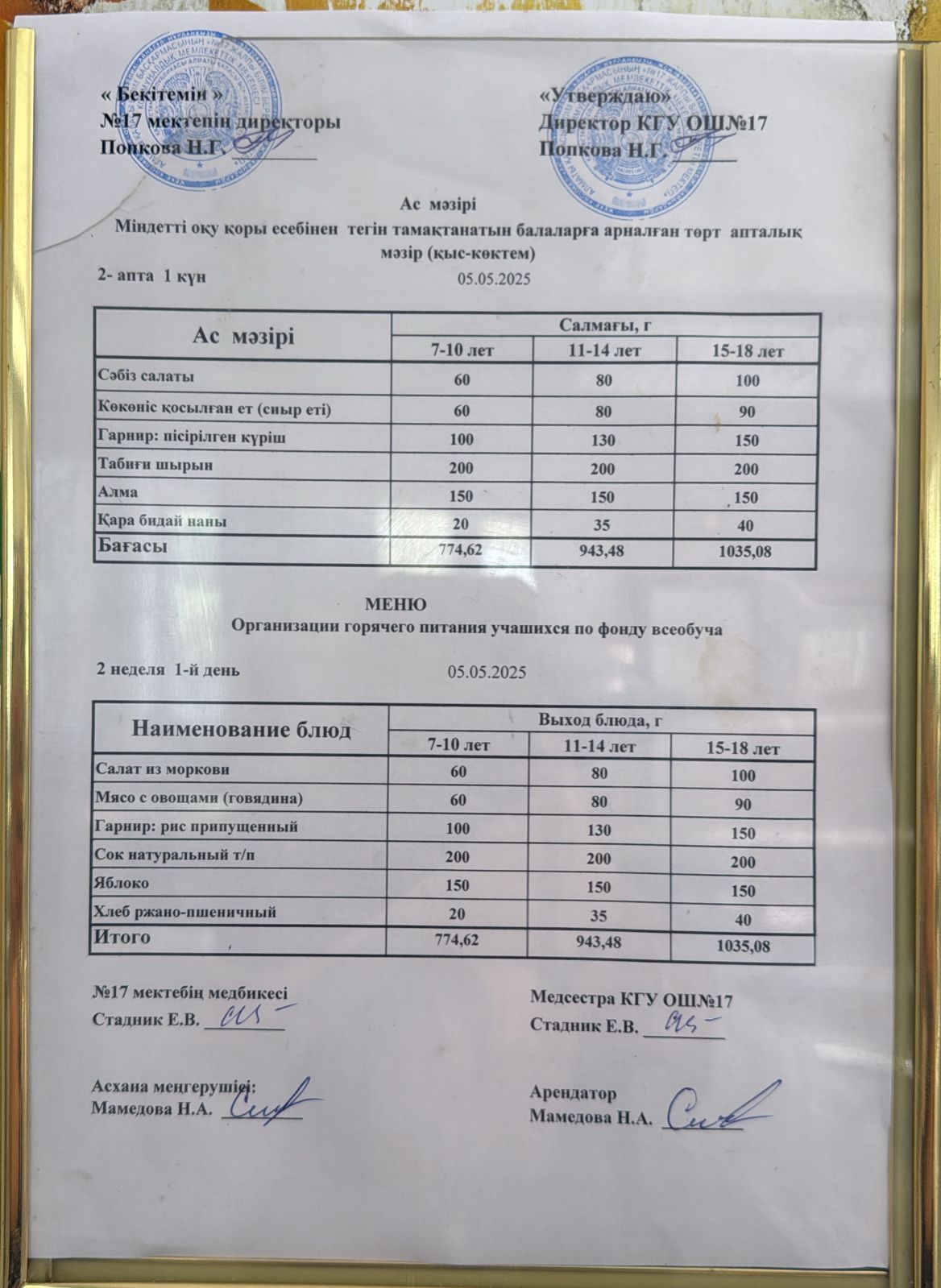 Ас мәзірі 05.05.2025ж. Меню 05.05.2025г.