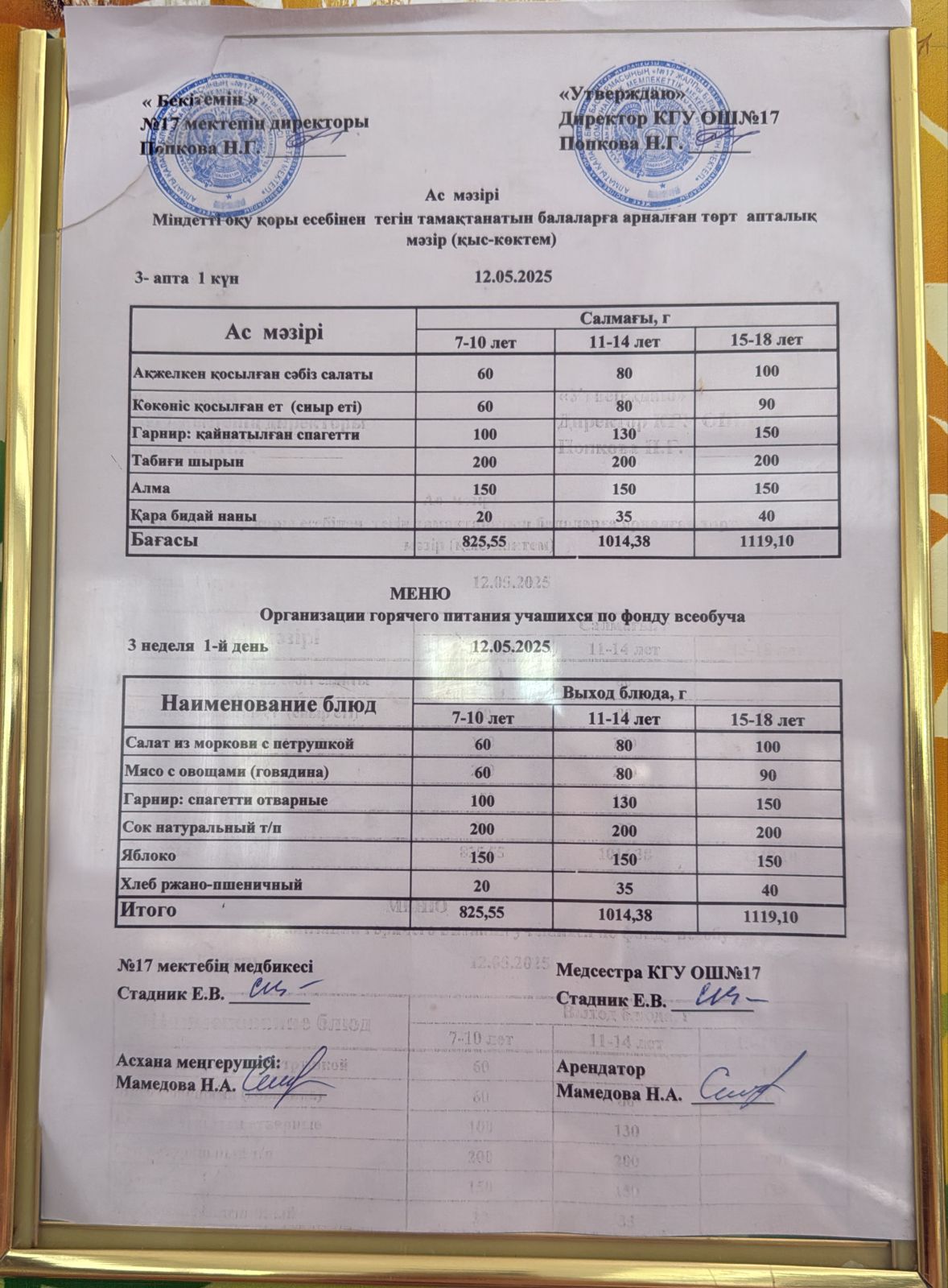 Ас мәзірі 12.05.2025ж. Меню 12.05.2025г.