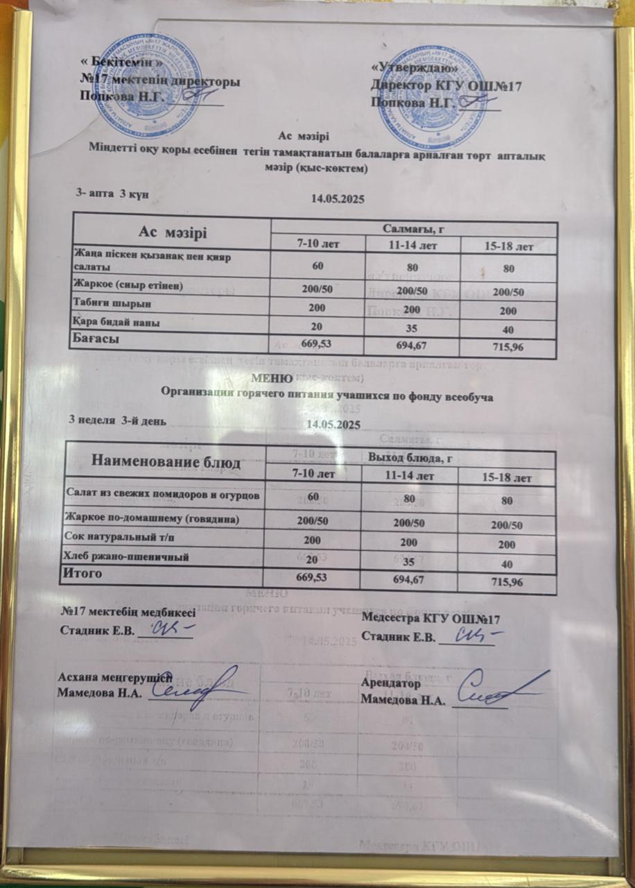 Ас мәзірі 14.05.2025ж. Меню 14.05.2025г.