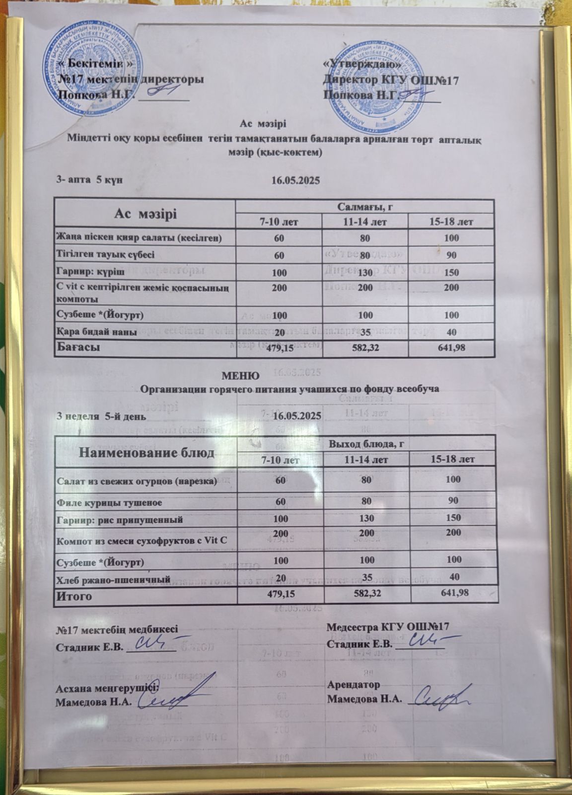 Ас мәзірі 16.05.2025ж. Меню 16.05.2025г.