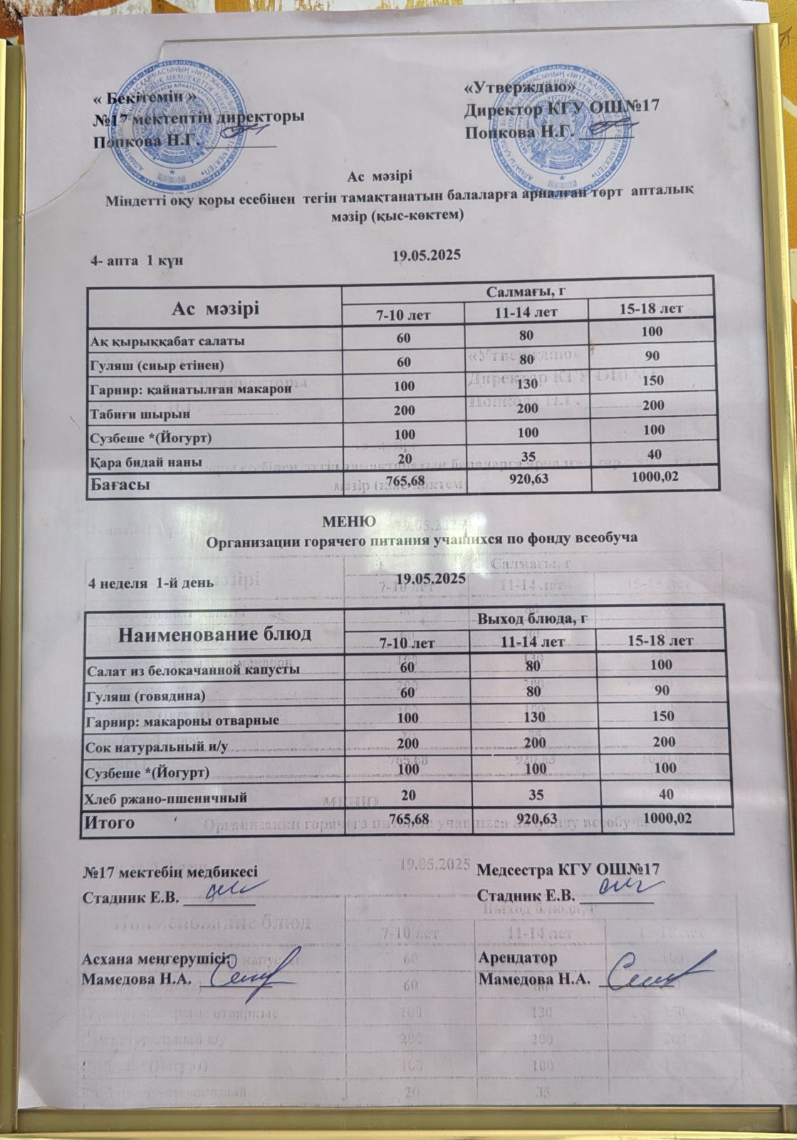 Ас мәзірі 19.05.2025ж. Меню 19.05.2025г.