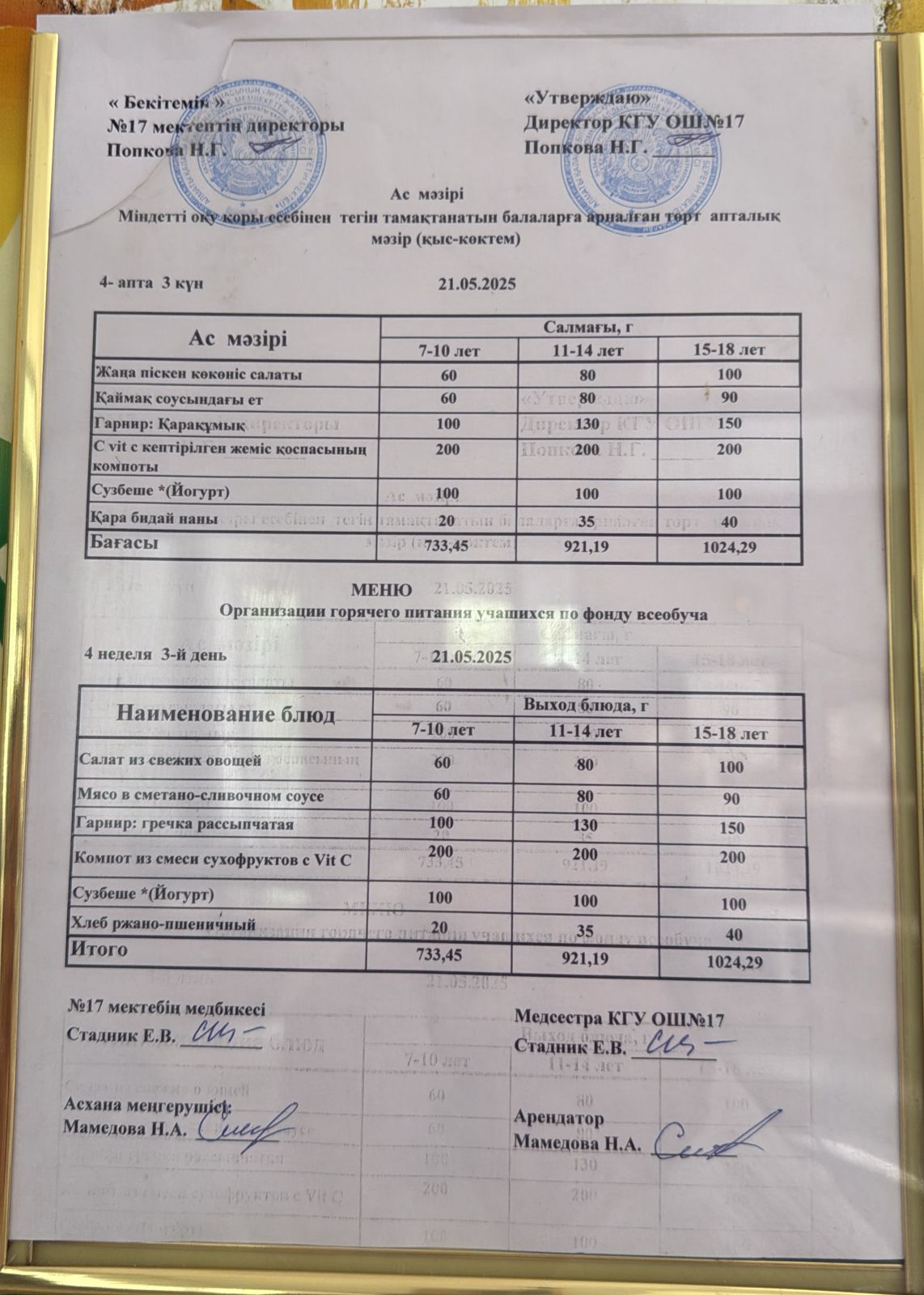 Ас мәзірі 21.05.2025ж. Меню 21.05.2025г.