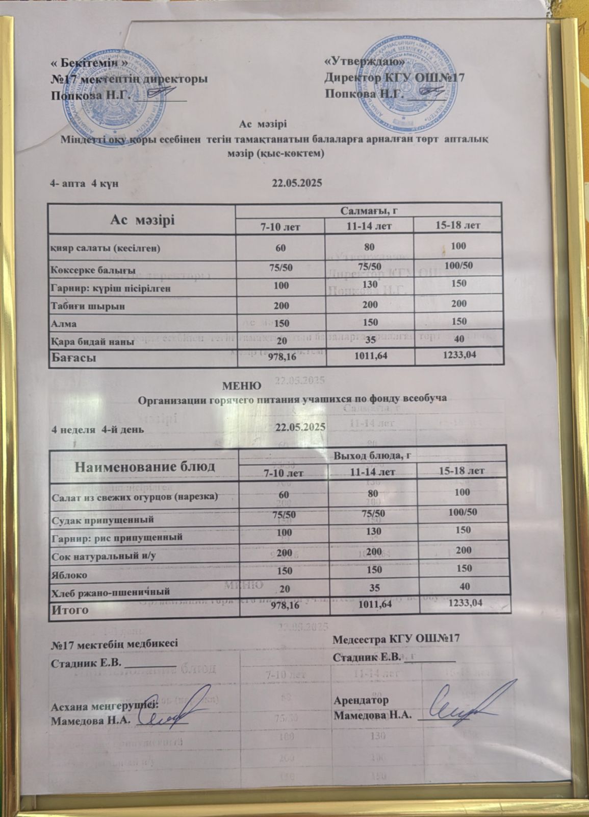 Ас мәзірі 22.05.2025ж. Меню 22.05.2025г.