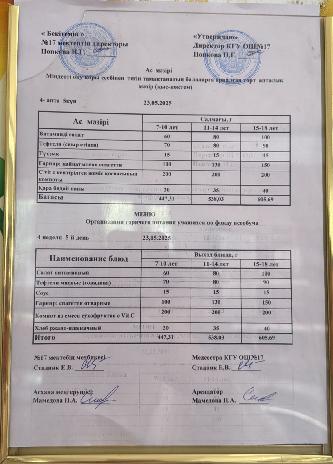 Ас мәзірі 23.05.2025ж. Меню 23.05.2025г.