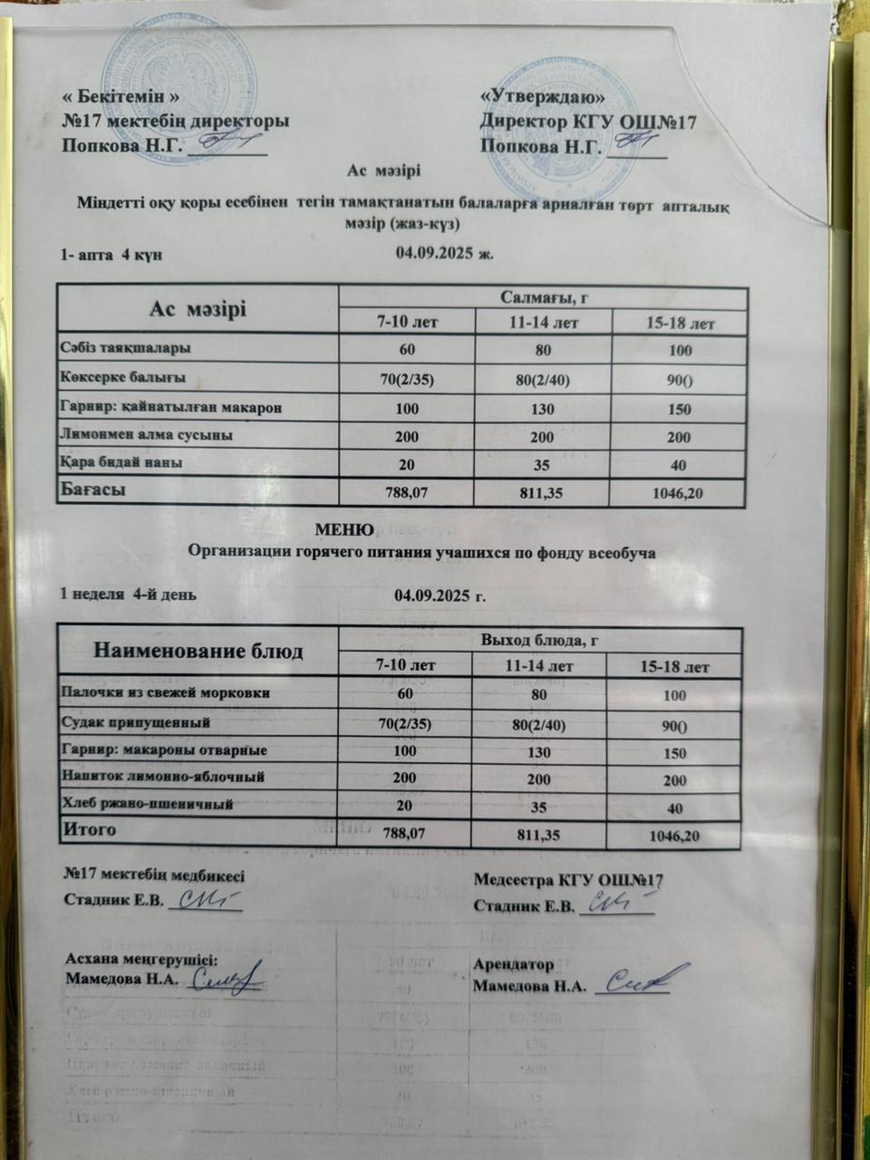 Ас мәзірі. Меню