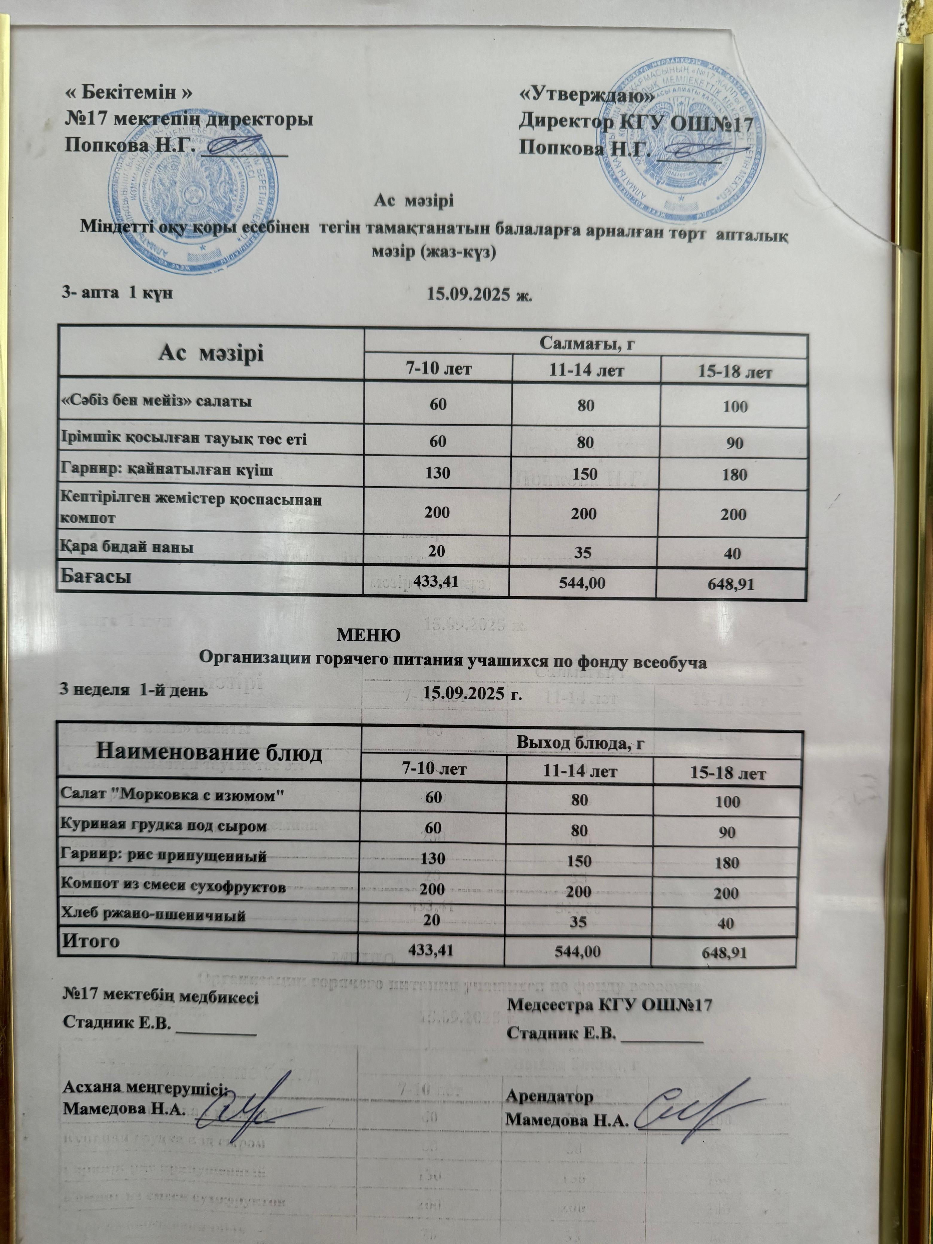 Ас мәзірі. Меню