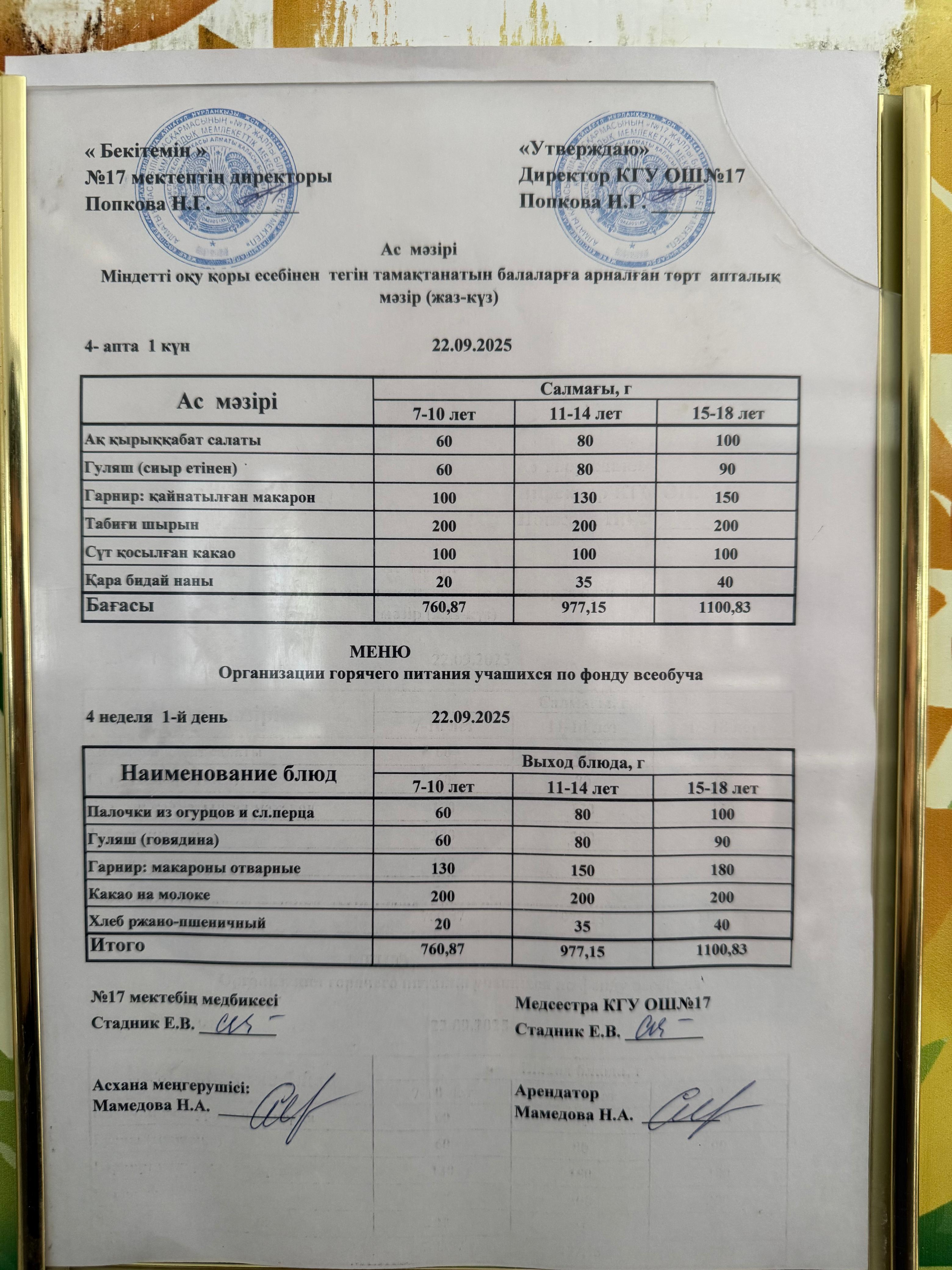 Ас мәзірі. Меню