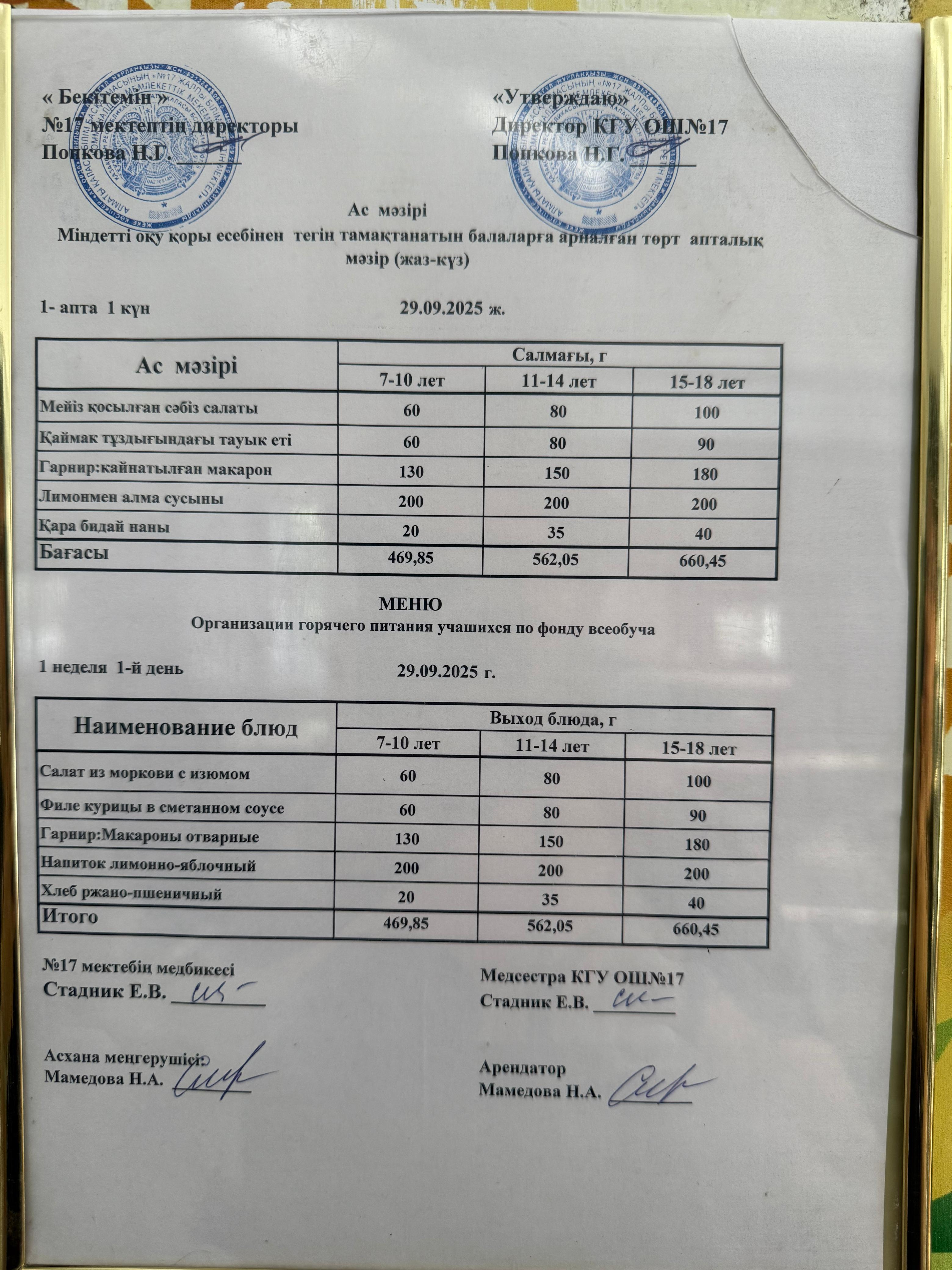 Ас мәзірі. Меню