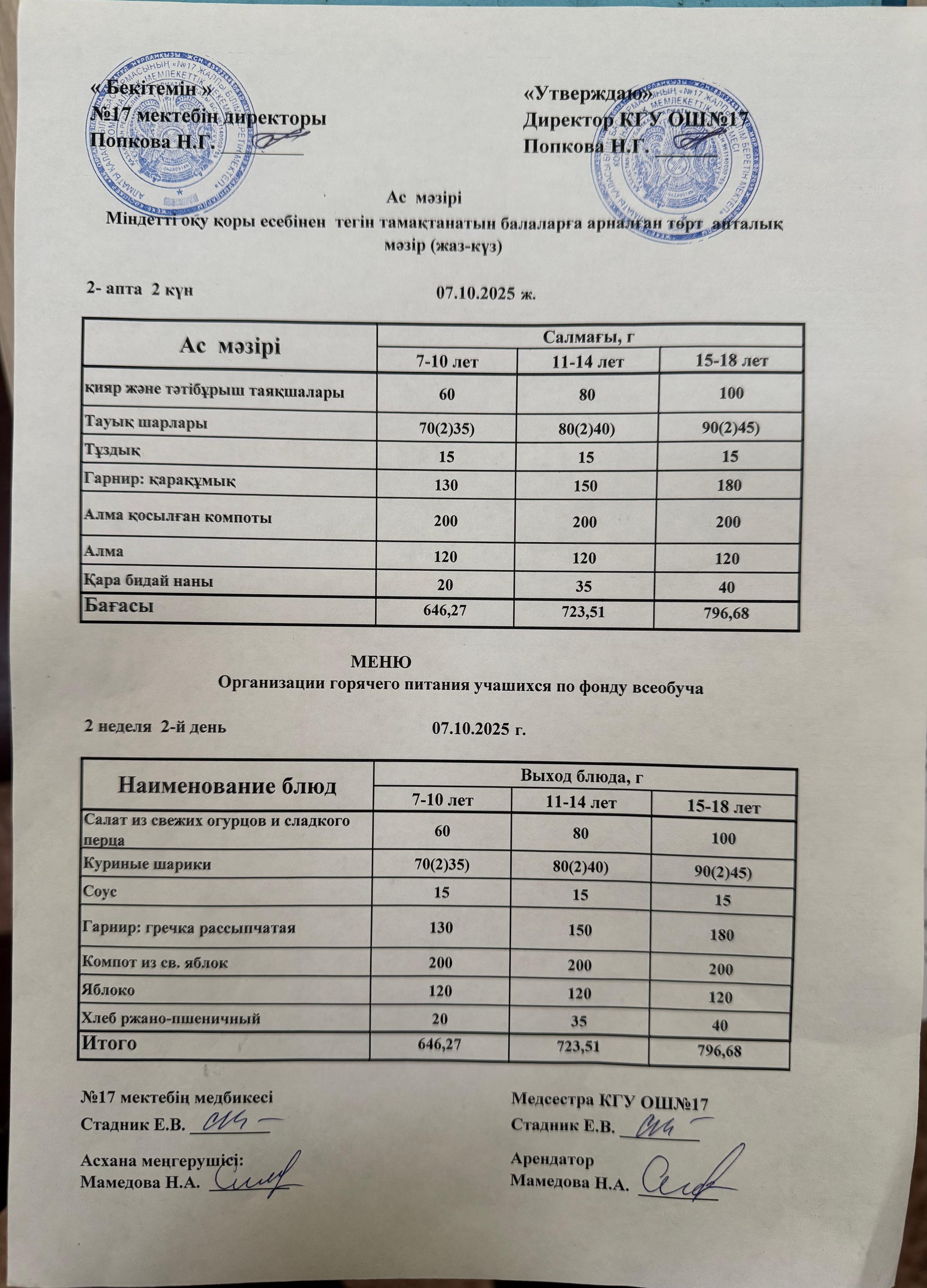 Ас мәзірі. Меню