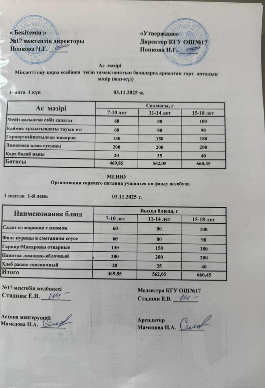 Ас мәзірі. Меню