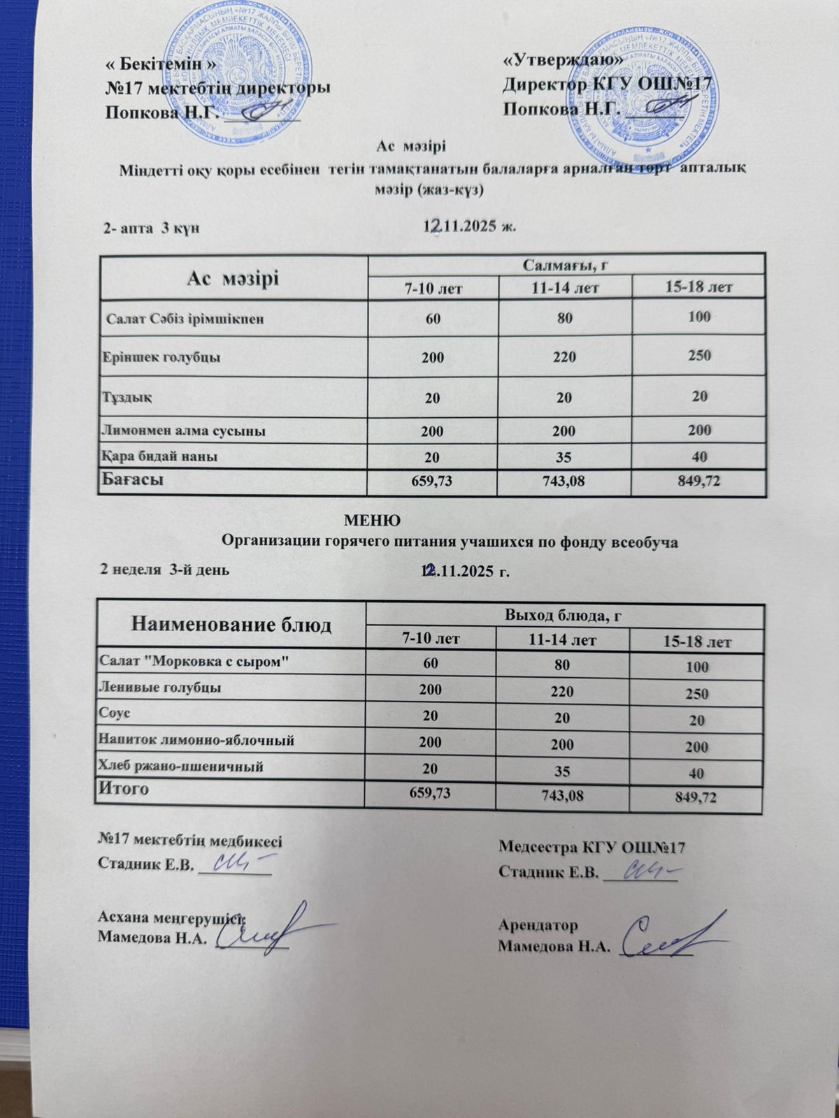 Ас мәзірі. Меню