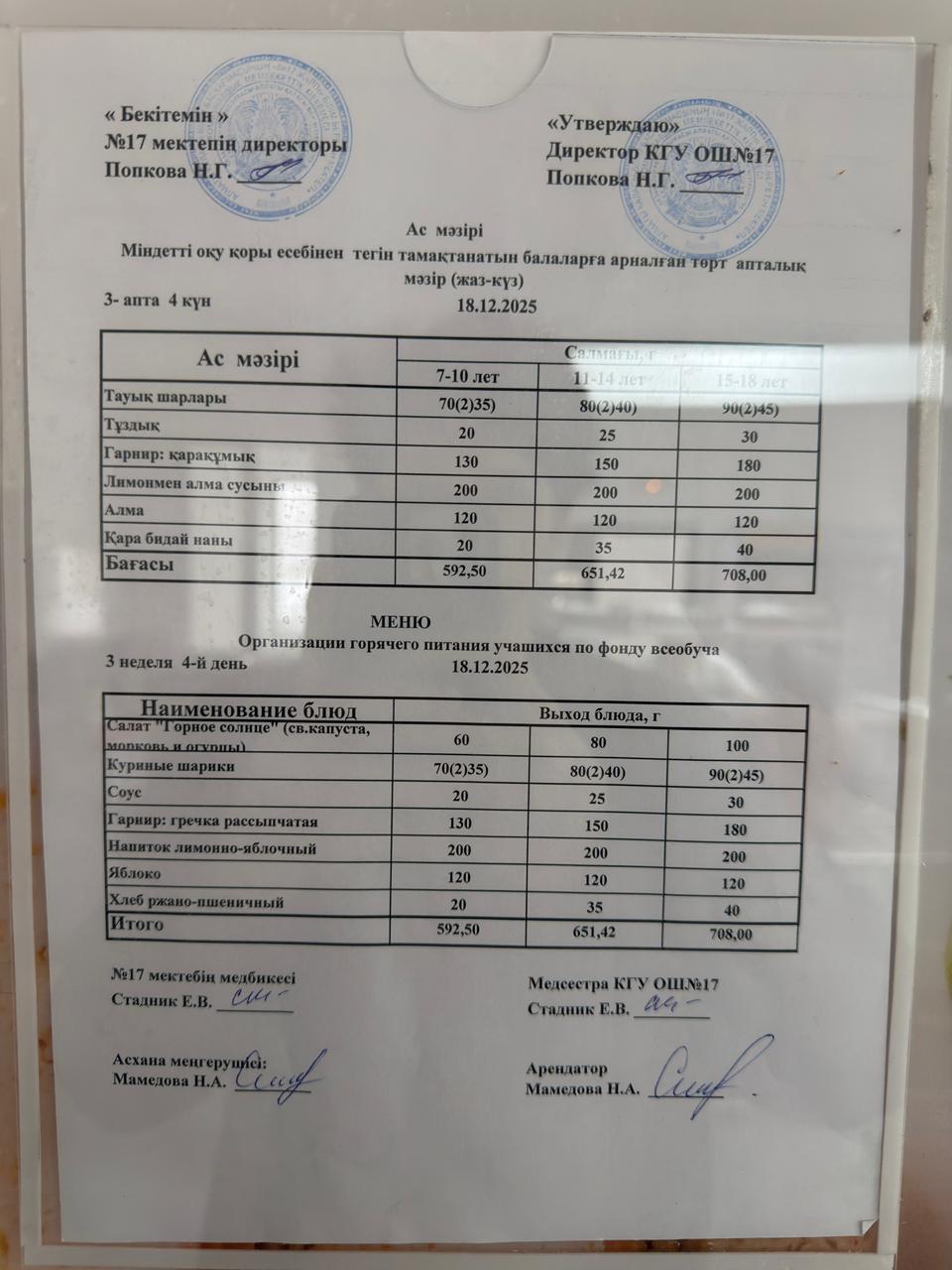 Ас мәзірі. Меню