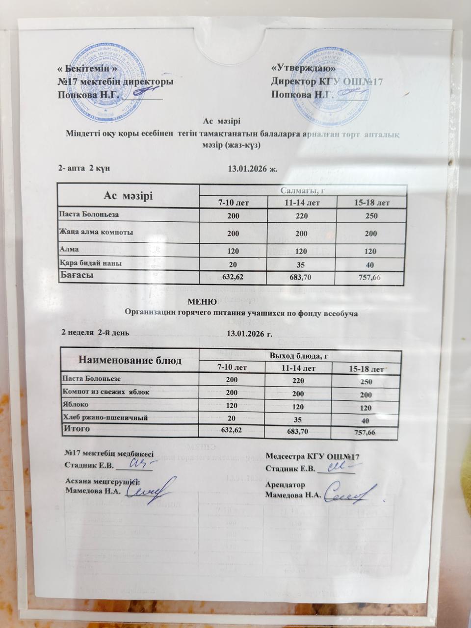 Ас мәзірі. Меню