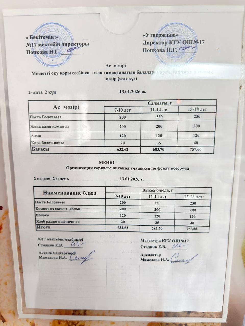 Ас мәзірі. Меню