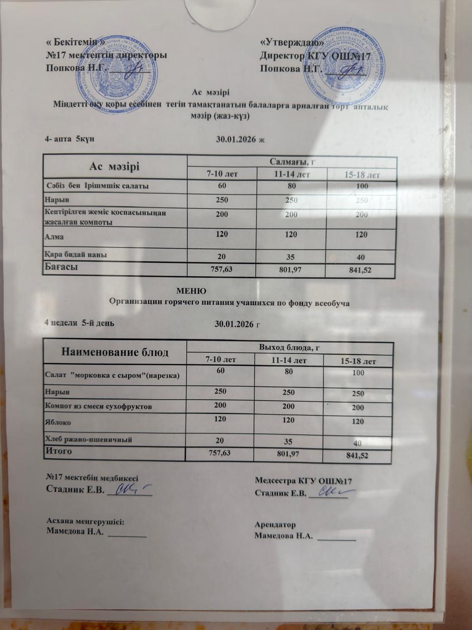 Ас мәзірі. Меню