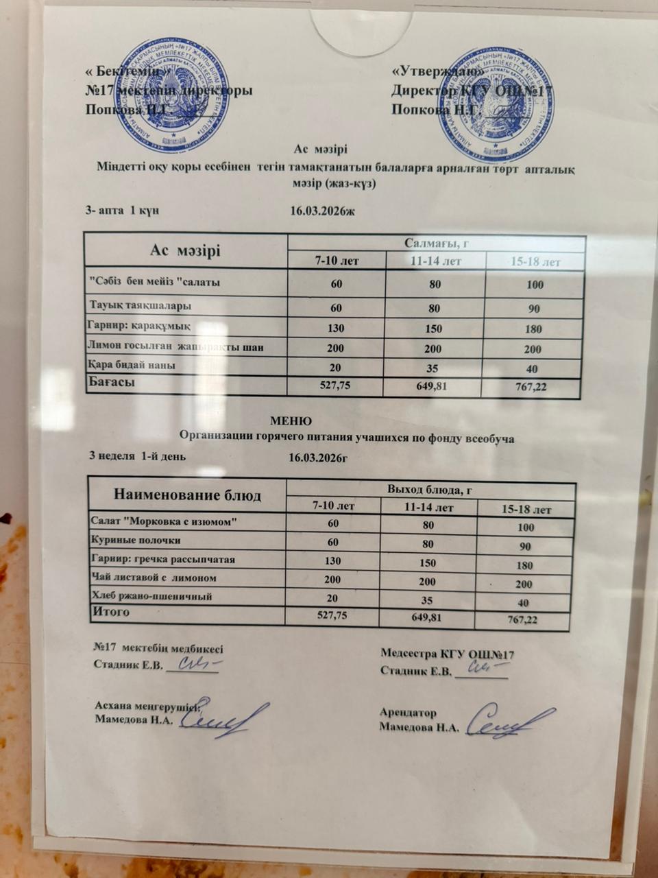 Ас мәзірі. Меню