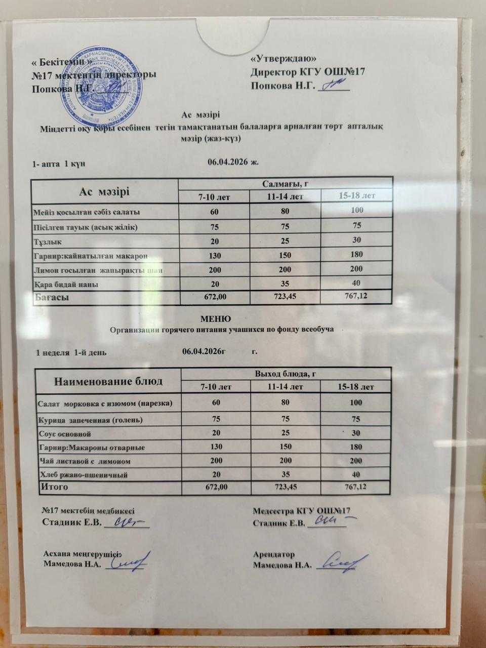 Ас мәзірі. Меню