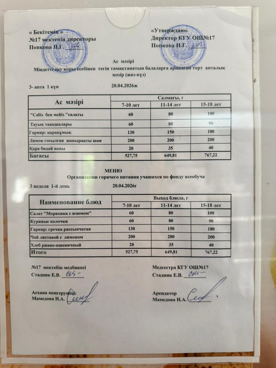 Ас мәзірі. Меню