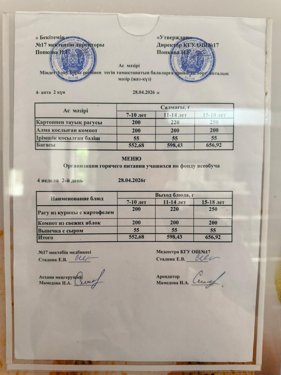 Ас мәзірі. Меню