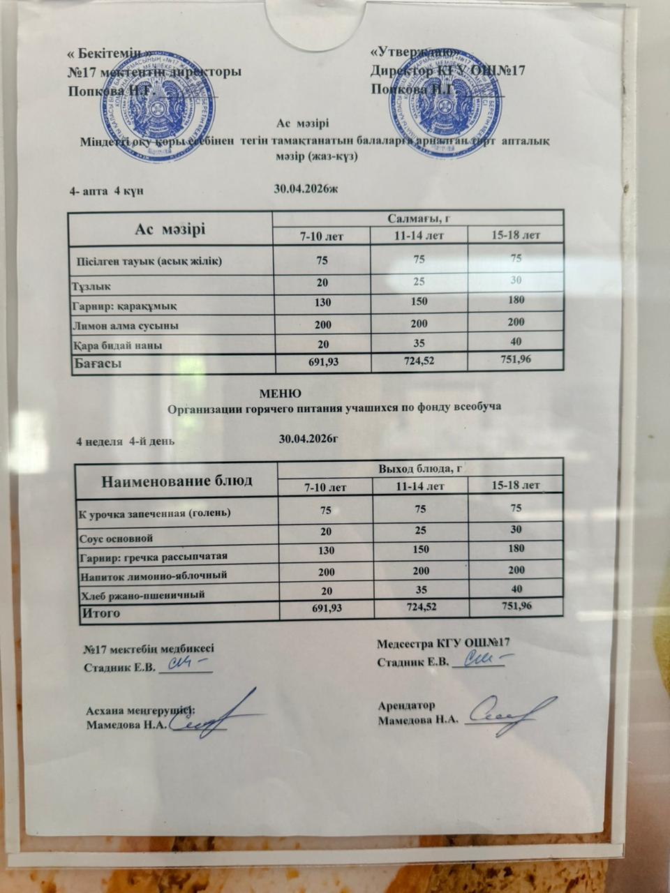 Ас мәзірі. Меню