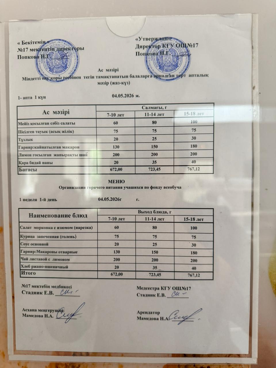 Ас мәзірі. Меню