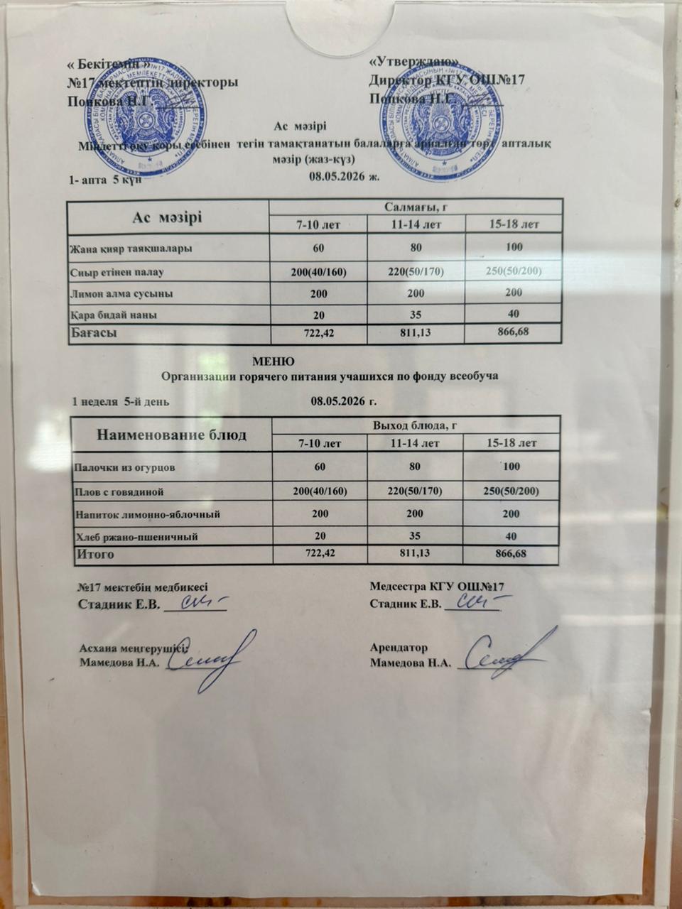 Ас мәзірі. Меню