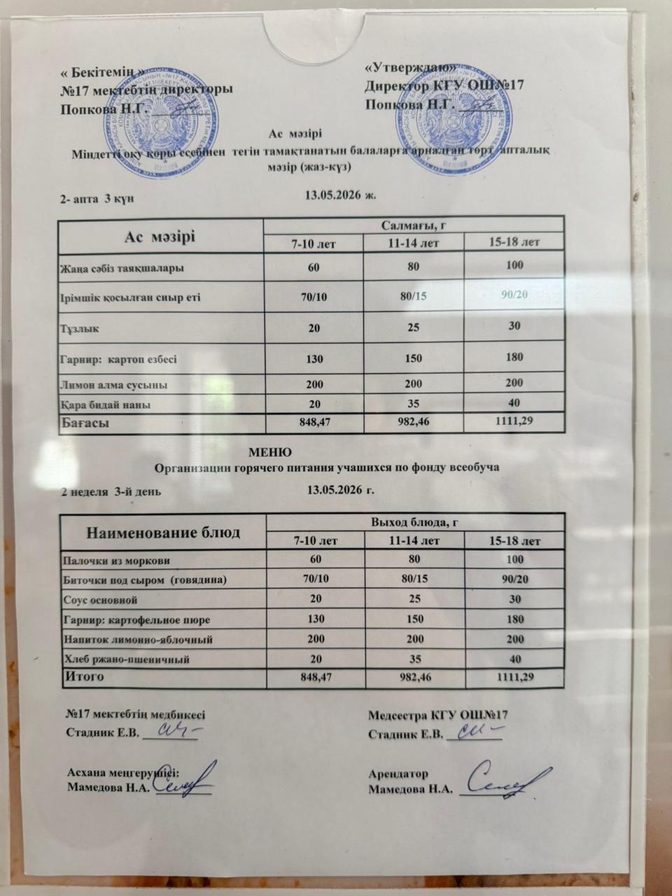 Ас мәзірі. Меню