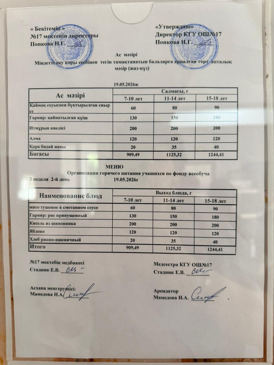 Ас мәзірі. Меню